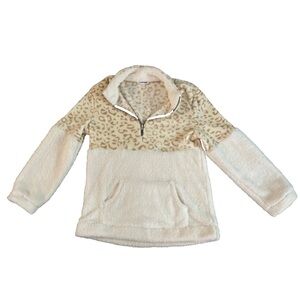 Anthropologie MACARON Sweater Ivory Beige Leopard Print Pullover Zip Medium